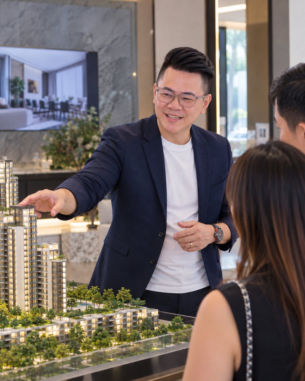 Justin Kong explaining a condominium scale model to buyers at a showflat