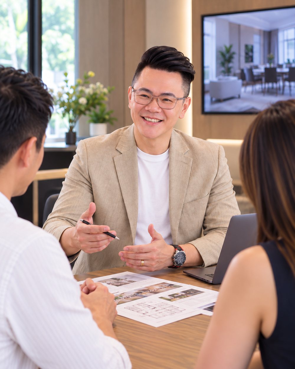 Justin Kong going through the numbers with a couple upgrading from HDB to condo
